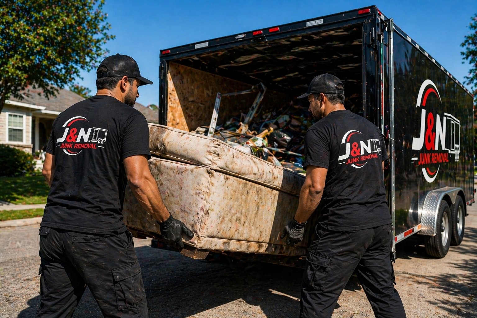 J&N Junk Removal crew loading couch into trailer